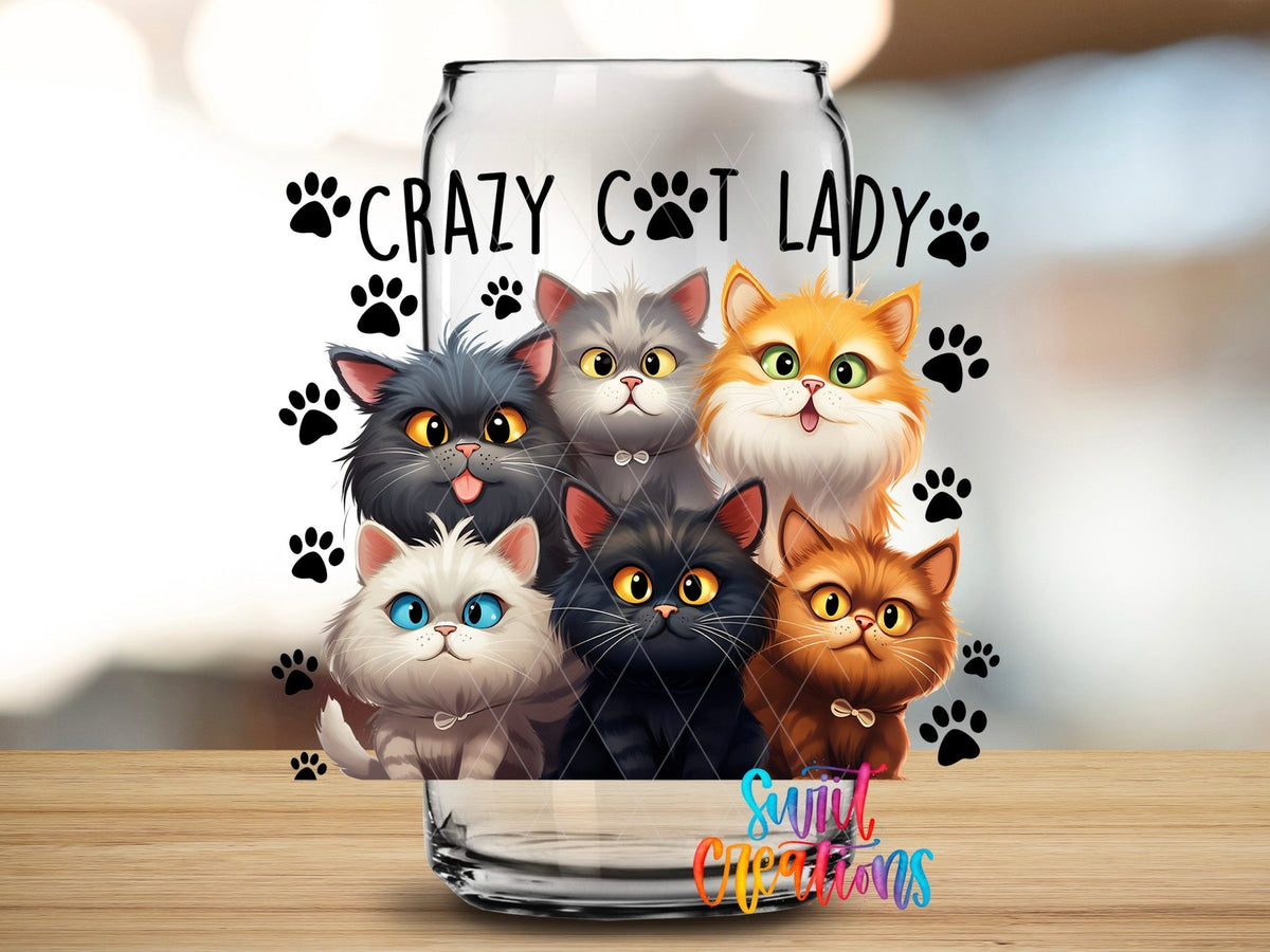 Close-up of the Crazy Cat Lady UV DTF transfer on a clear glass can