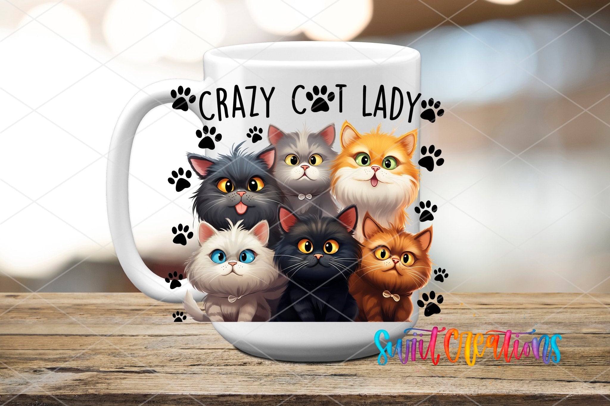 Crazy Cat Lady UV DTF transfer displayed on a white ceramic mug from Swiit Creations