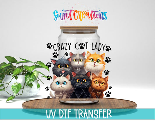 Crazy Cat Lady UV DTF transfer displayed on a clear jar mockup from Swiit Creations
