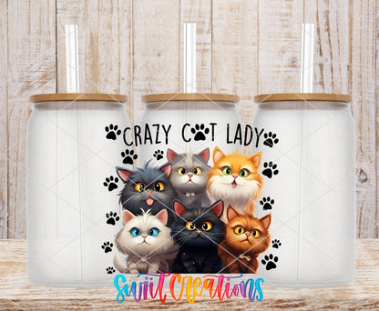 Crazy Cat Lady UV DTF transfer on frosted glass cans with bamboo lids