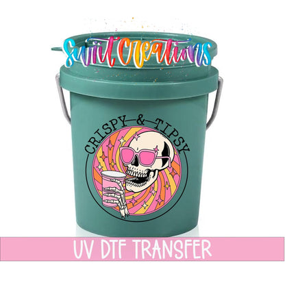 Crispy and Tipsy UV DTF transfer on a teal mini bucket with a lid on a white background