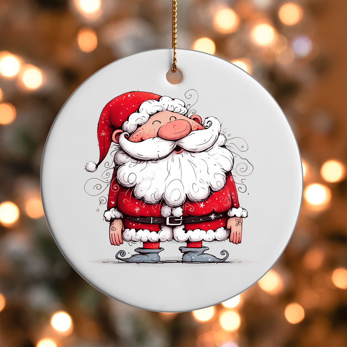 Curly Beard Santa ornament UV DTF transfer on a round white ornament with a bokeh light background