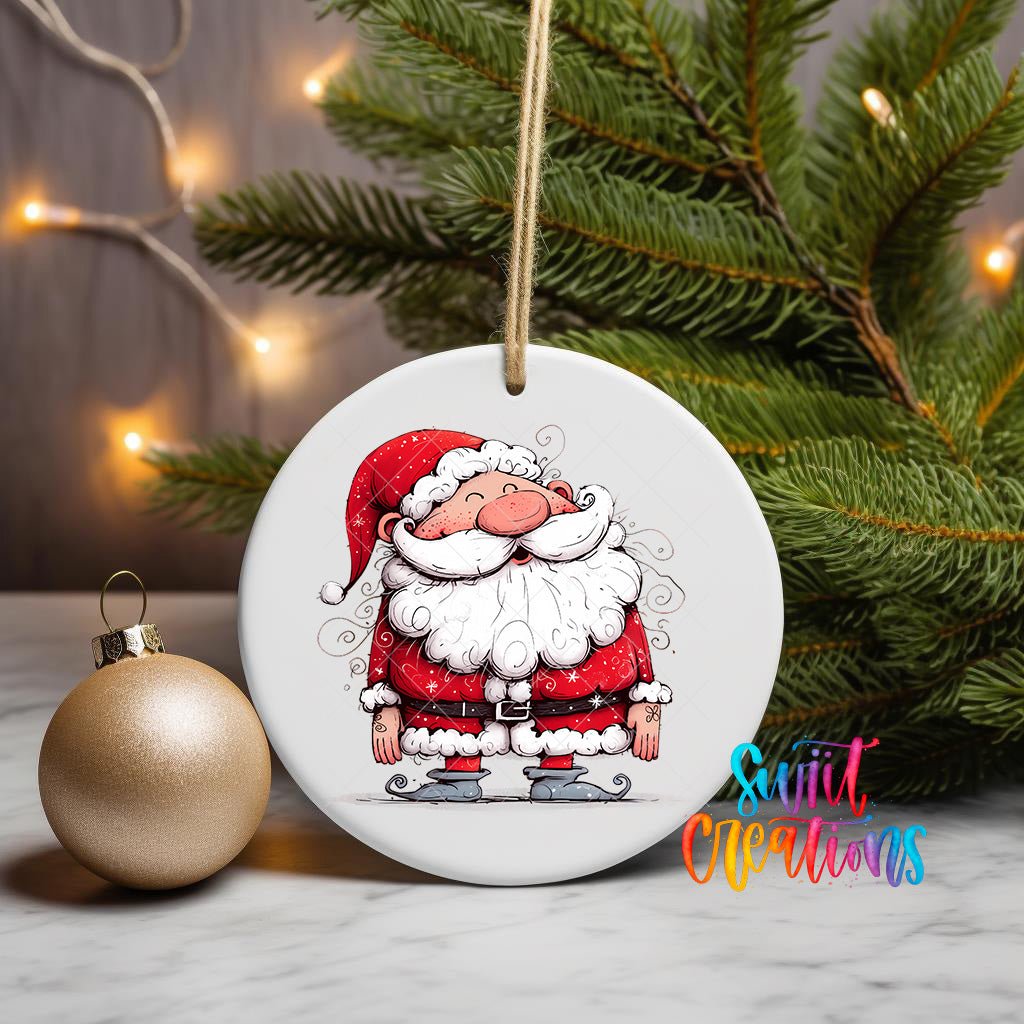 Curly Beard Santa ornament UV DTF transfer on a hanging ornament with pine branches and a gold bauble