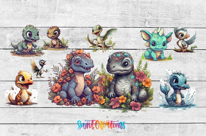 Cute Baby Dinosaurs UV DTF wrap artwork on a white wood background