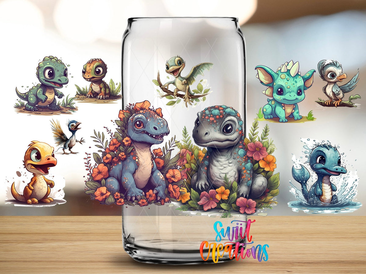Close-up of the Cute Baby Dinosaurs UV DTF wrap on a clear glass can