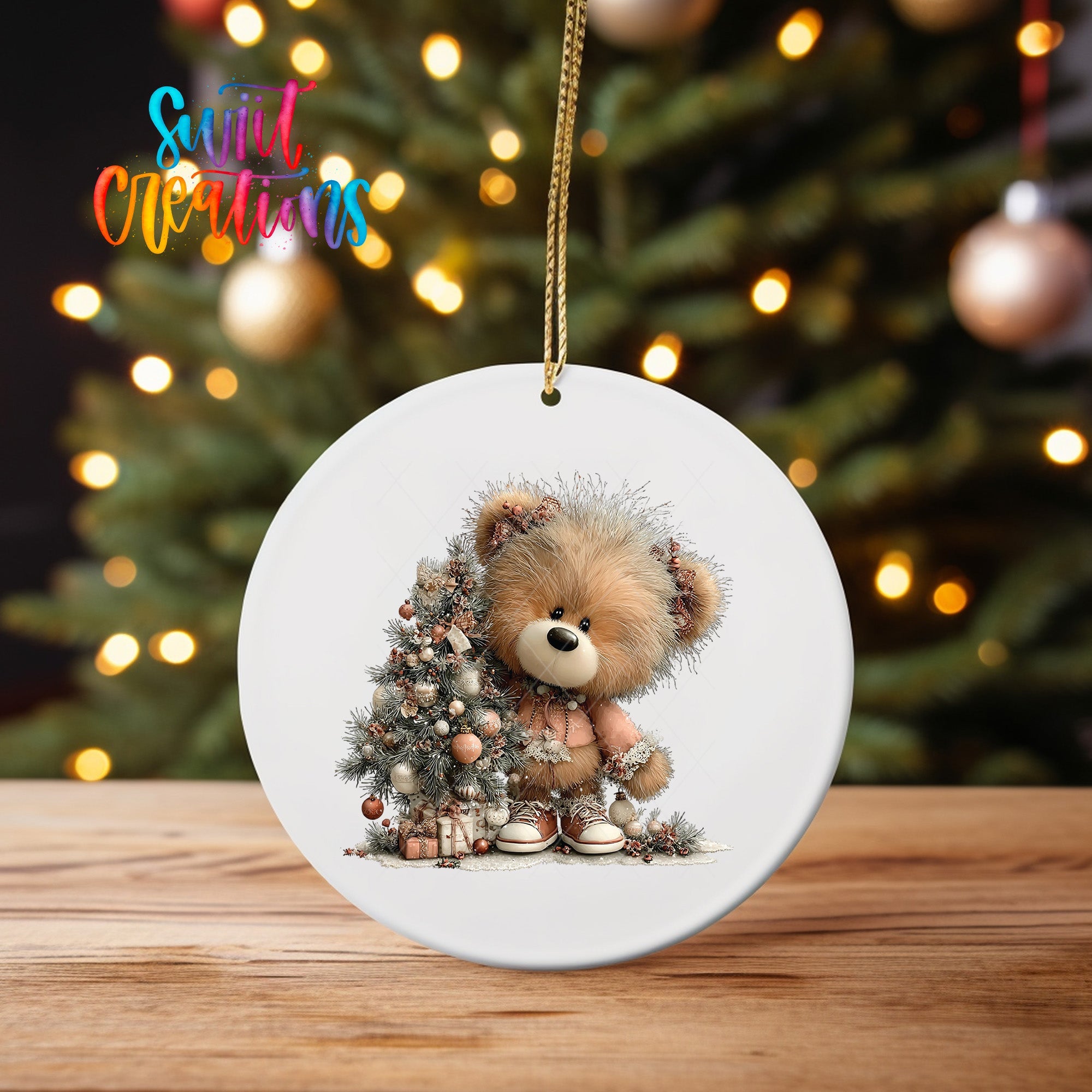 Cute Christmas Bear With Tree UV DTF Ornament Transfer | O-1974 - Swiit Creations
