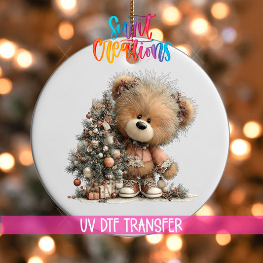 Cute Christmas Bear With Tree UV DTF Ornament Transfer | O-1974 - Swiit Creations