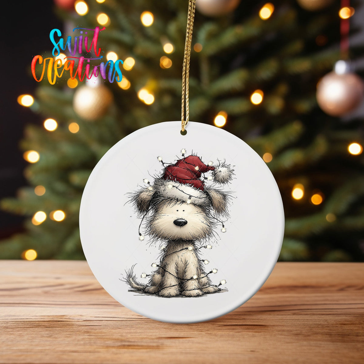Christmas Dog with Lights ornament UV DTF transfer on an ornament on a wooden table with tree lights behind it