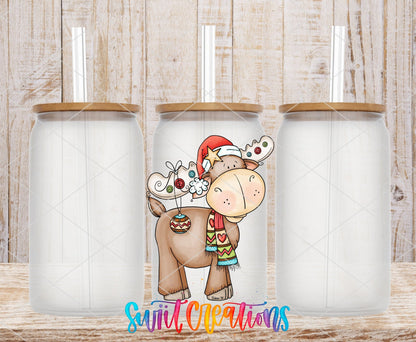 Christmas Moose UV DTF transfer on frosted glass cans with bamboo lids