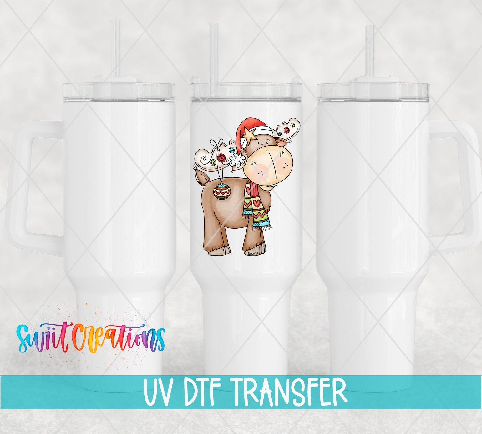 Three white tumblers featuring the Cute Christmas Moose UV DTF transfer by Swiit Creations