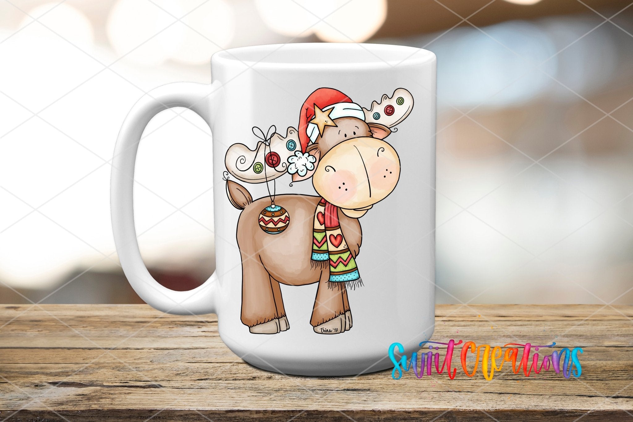 White ceramic mug mockup with the Swiit Creations Cute Christmas Moose UV DTF transfer