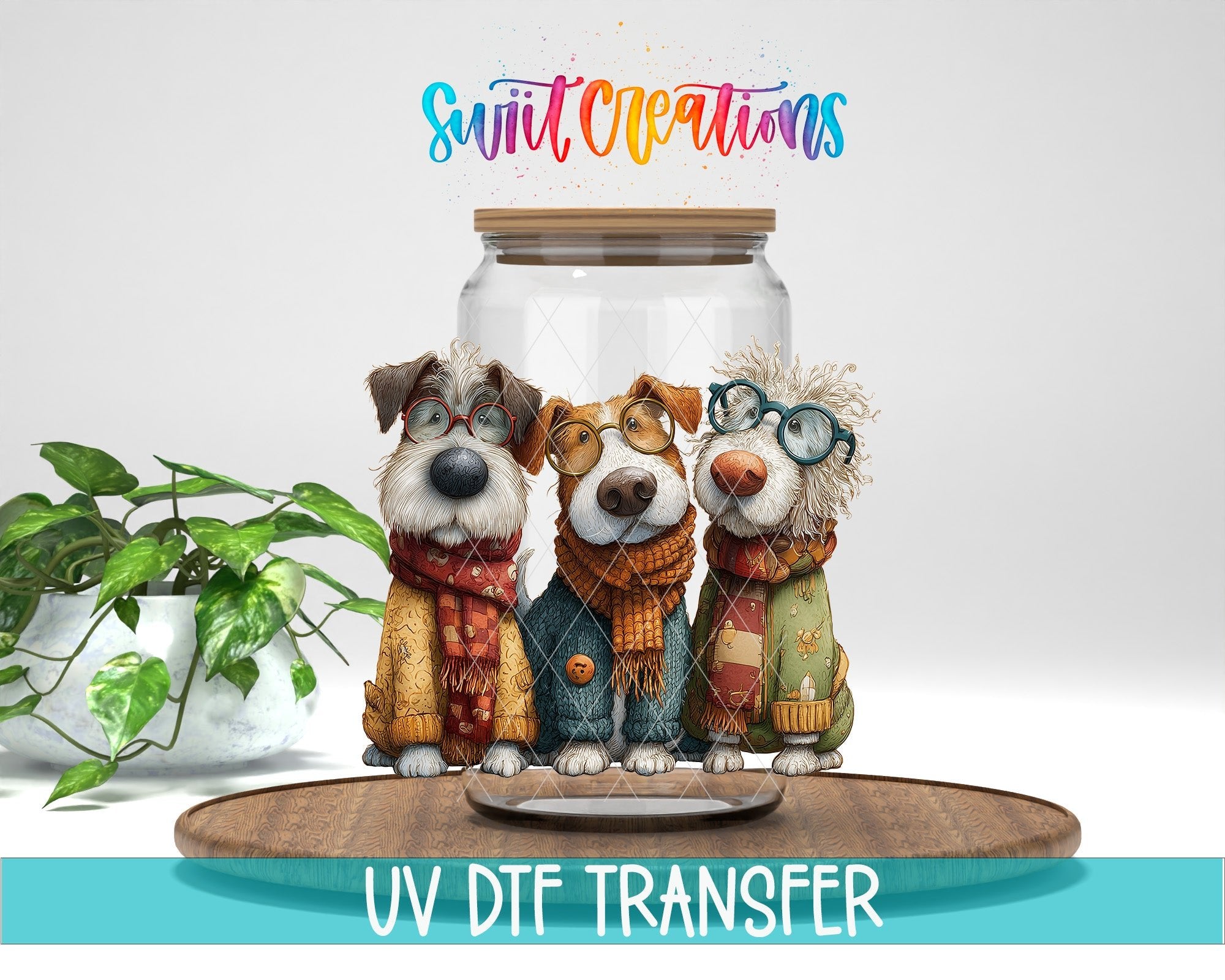 Cute Dogs UV DTF transfer displayed on a clear jar mockup from Swiit Creations