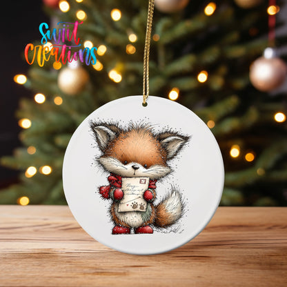 Fox with a Letter to Santa ornament UV DTF transfer on an ornament on a wooden table with tree lights behind it