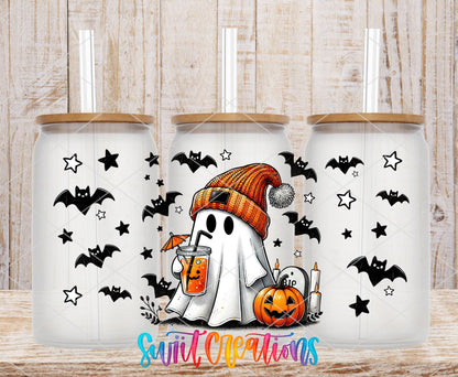 Cute Ghost UV DTF wrap on three clear glass cans with bamboo lids