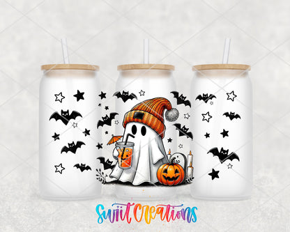 Cute Ghost UV DTF wrap on three frosted glass cans