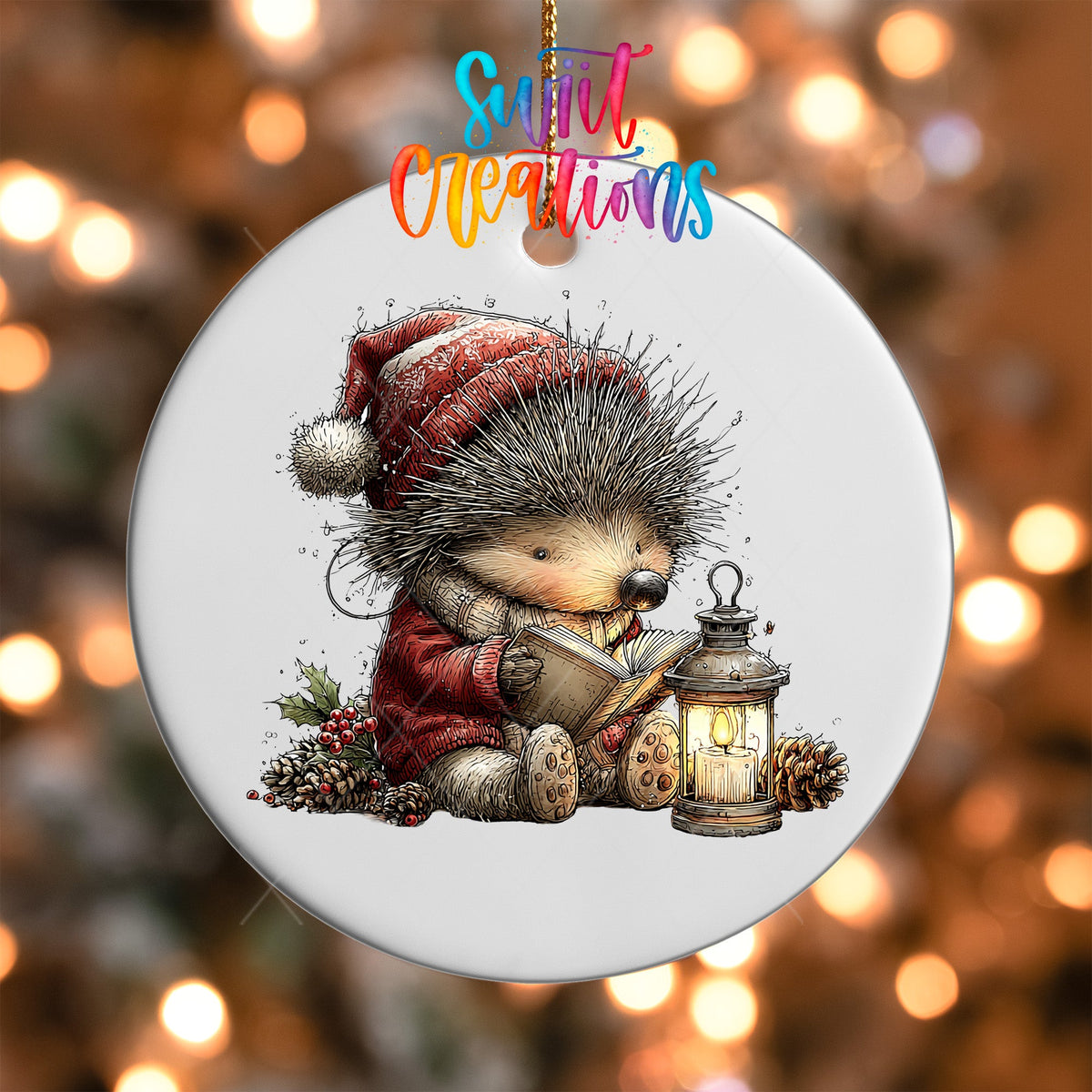 Close-up of the Hedgehog Reading by Lantern UV DTF transfer on a round white ornament