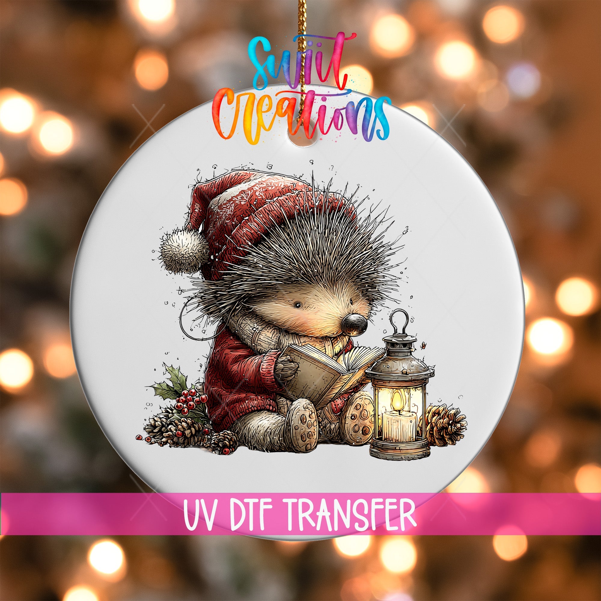 Cute Hedgehog Reading By Lantern UV DTF Ornament Transfer | O-1859 - Swiit Creations