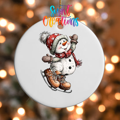 Close-up of the Ice Skating Snowman UV DTF transfer on a round white ornament