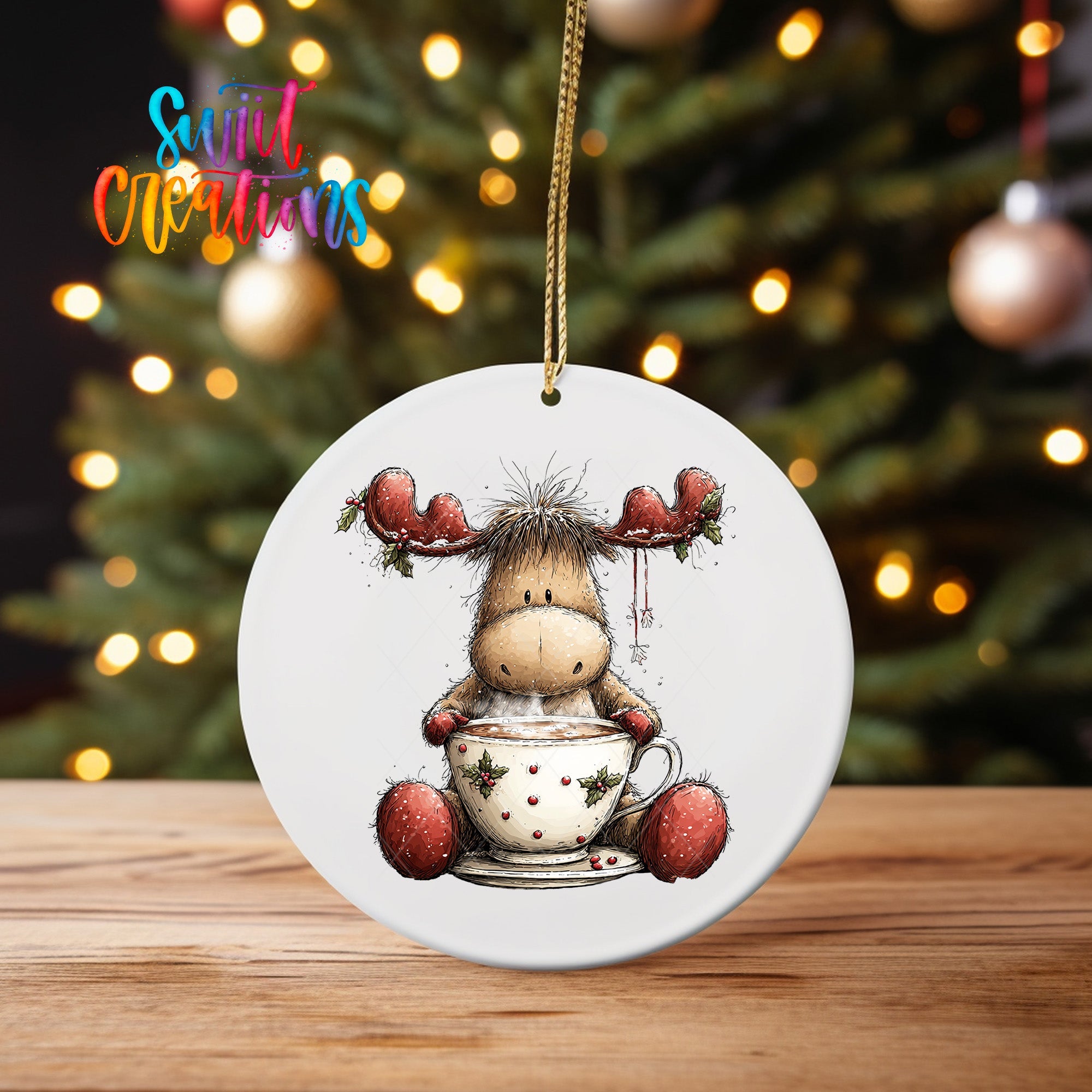 Cute Moose In Holly Mug UV DTF Ornament Transfer | O-1861 - Swiit Creations