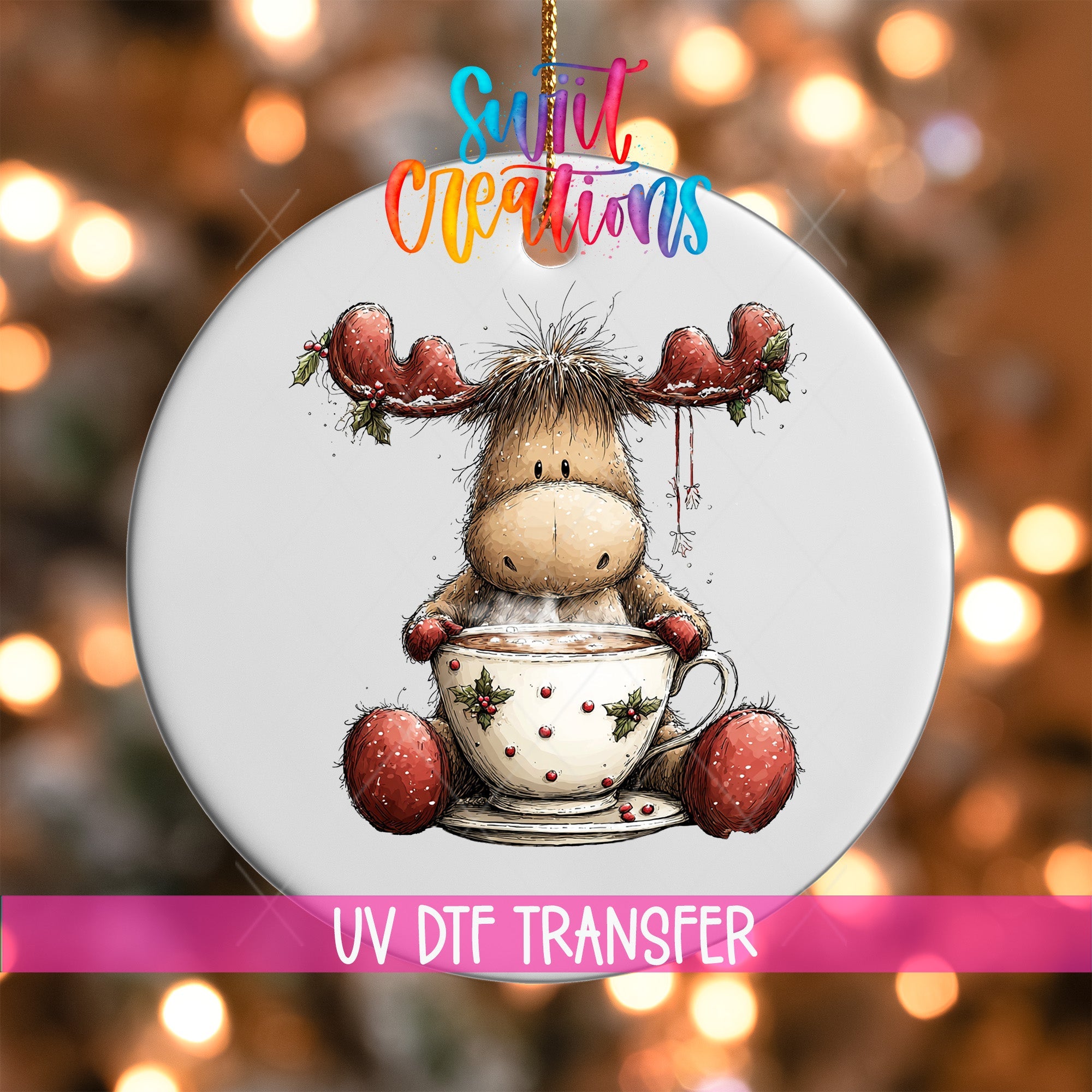 Cute Moose In Holly Mug UV DTF Ornament Transfer | O-1861 - Swiit Creations