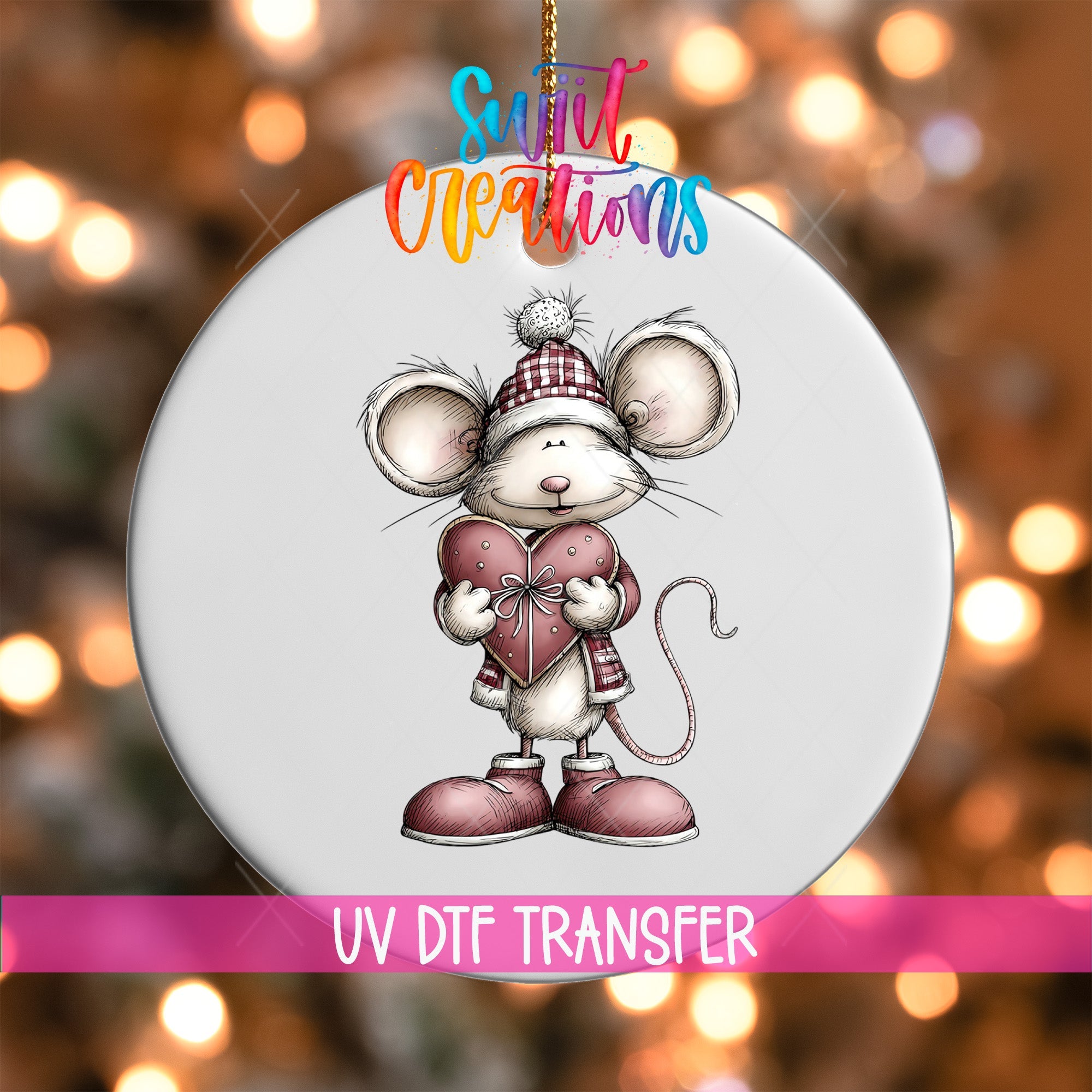 Cute Mouse With Pink Heart UV DTF Ornament Transfer | O-1932 - Swiit Creations