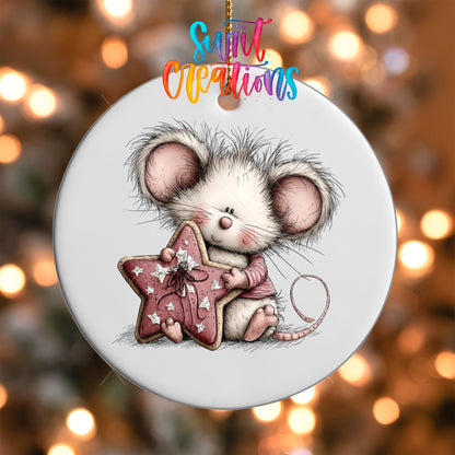 Close-up of the Mouse with Pink Star UV DTF transfer on a round white ornament