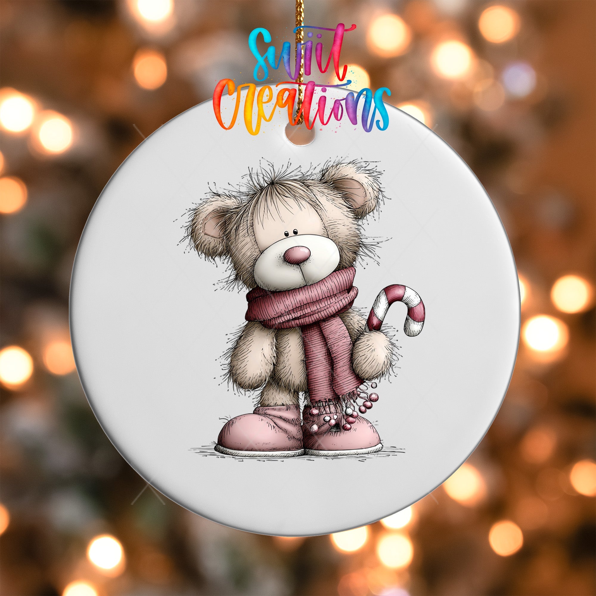 Cute Pink Bear With Candy Cane Christmas UV DTF Ornament Transfer | O-1950 - Swiit Creations