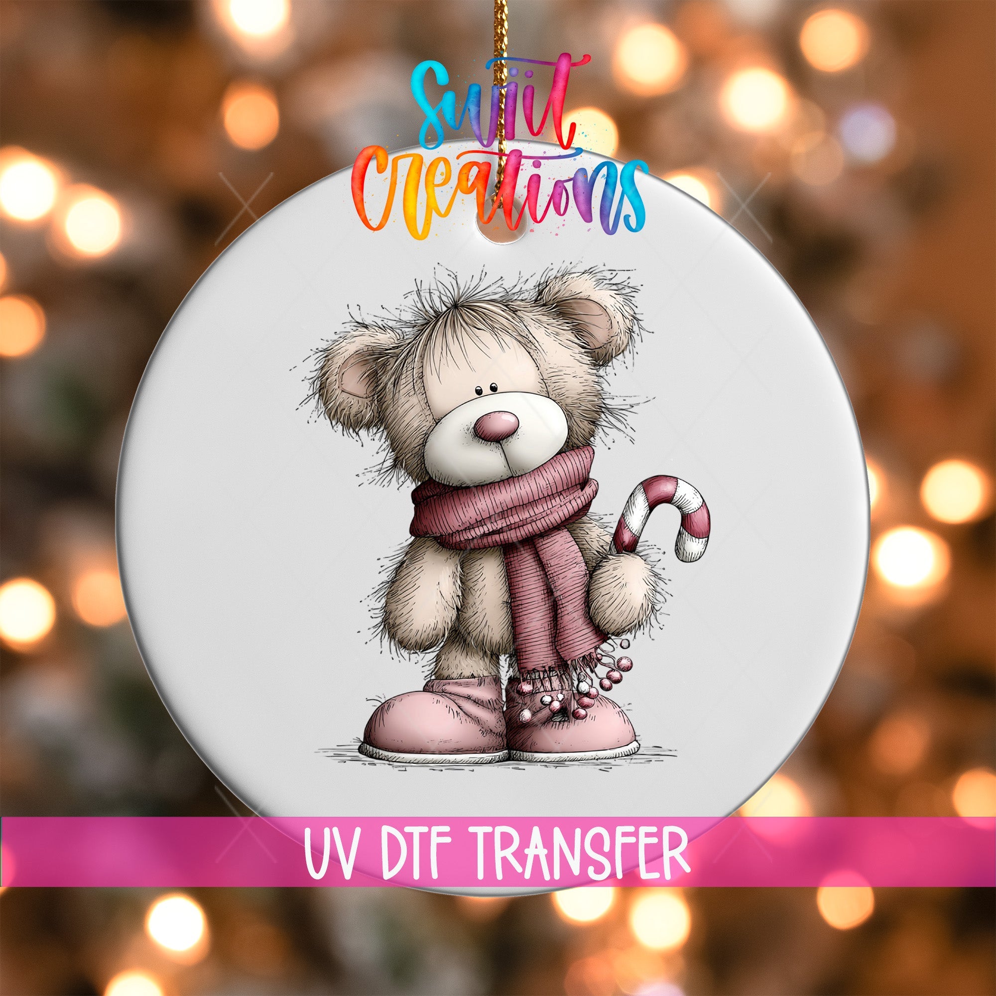 Cute Pink Bear With Candy Cane Christmas UV DTF Ornament Transfer | O-1950 - Swiit Creations