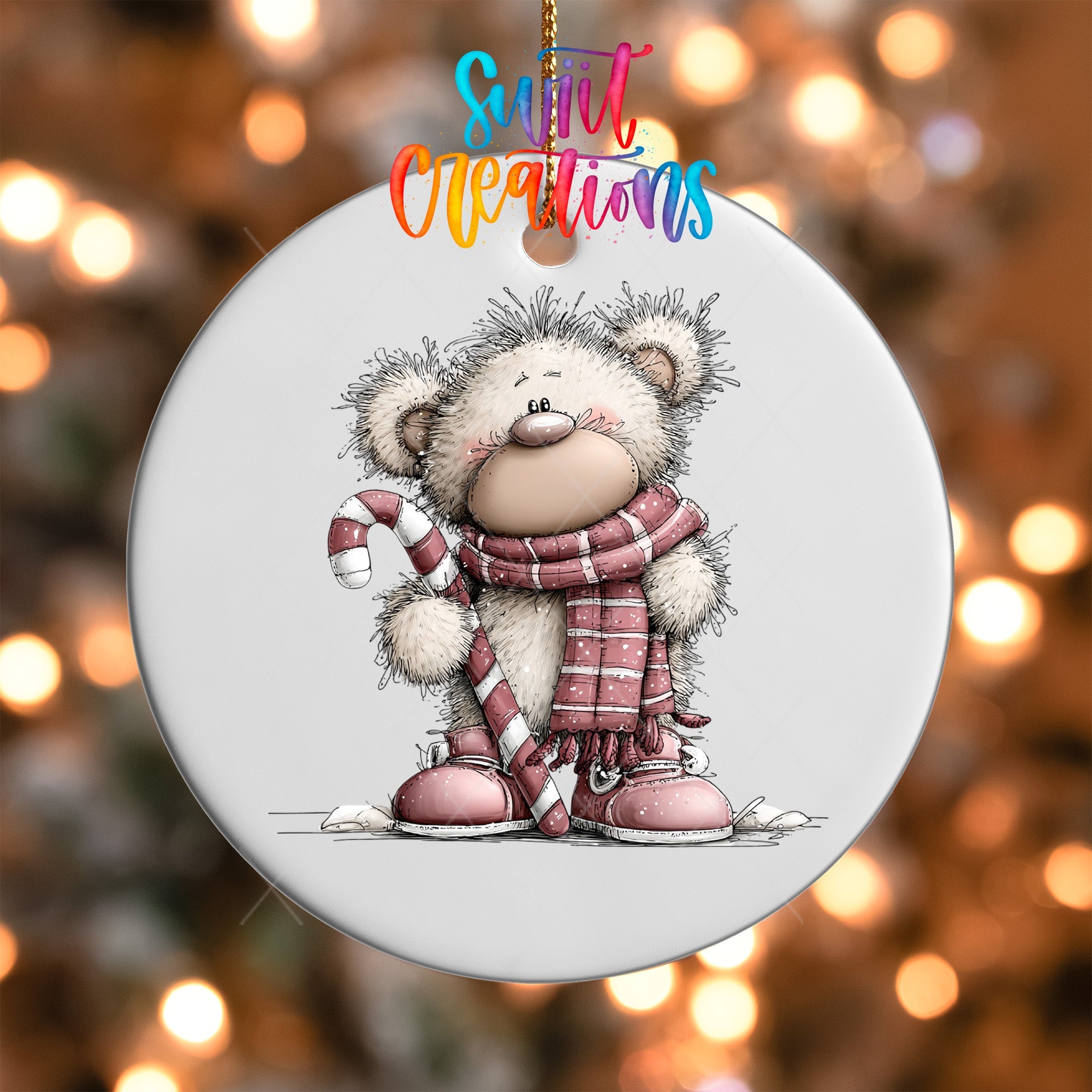 Cute Pink Bear With Candy Cane UV DTF Ornament Transfer | O-1952 - Swiit Creations
