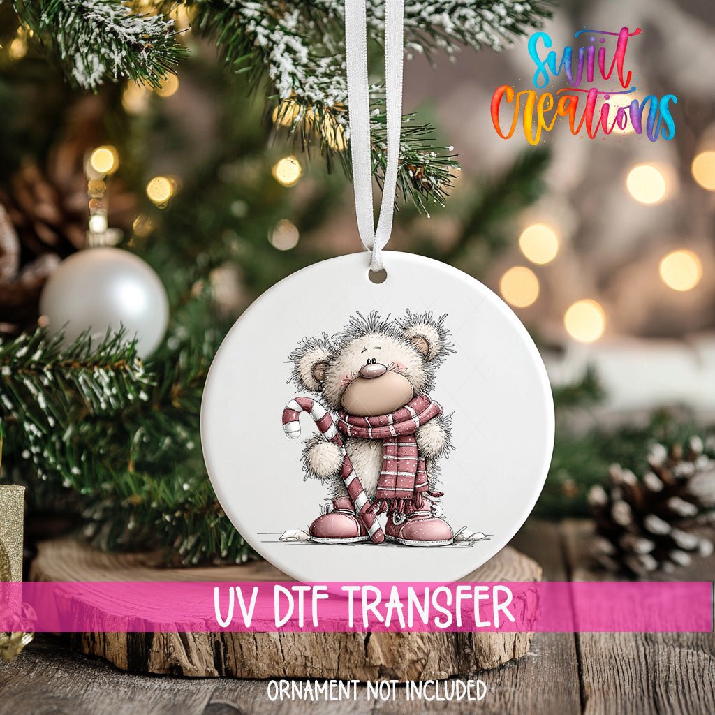 Cute Pink Bear With Candy Cane UV DTF Ornament Transfer | O-1952 - Swiit Creations