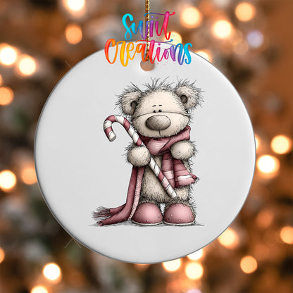 Close-up of the Pink Bear with Candy Cane UV DTF transfer on a round white ornament
