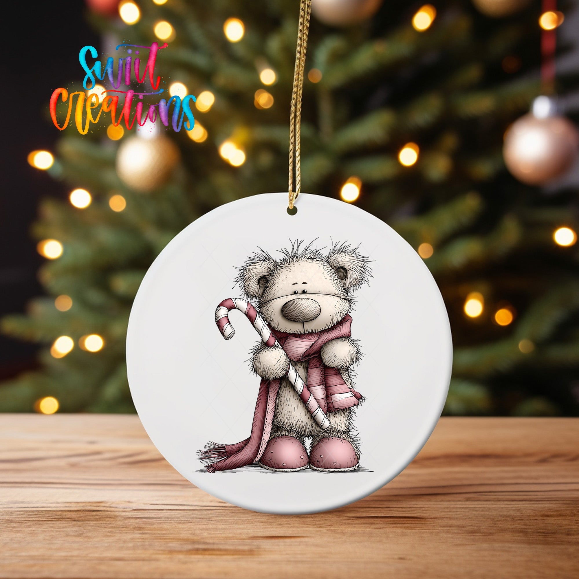 Cute Pink Bear With Candy Cane UV DTF Ornament Transfer | O-1957 - Swiit Creations