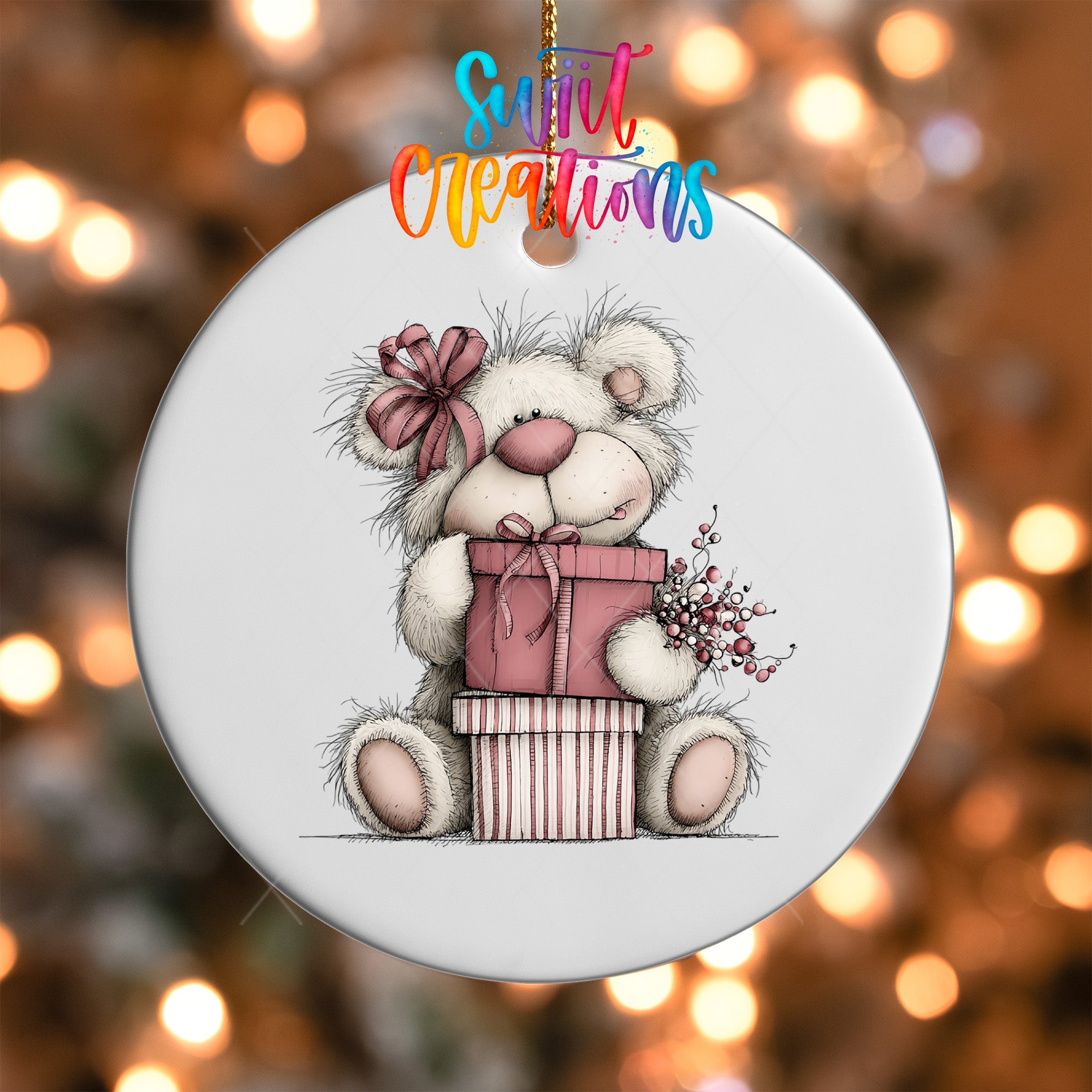 Cute Pink Bear With Gift Christmas UV DTF Ornament Transfer | O-1954 - Swiit Creations