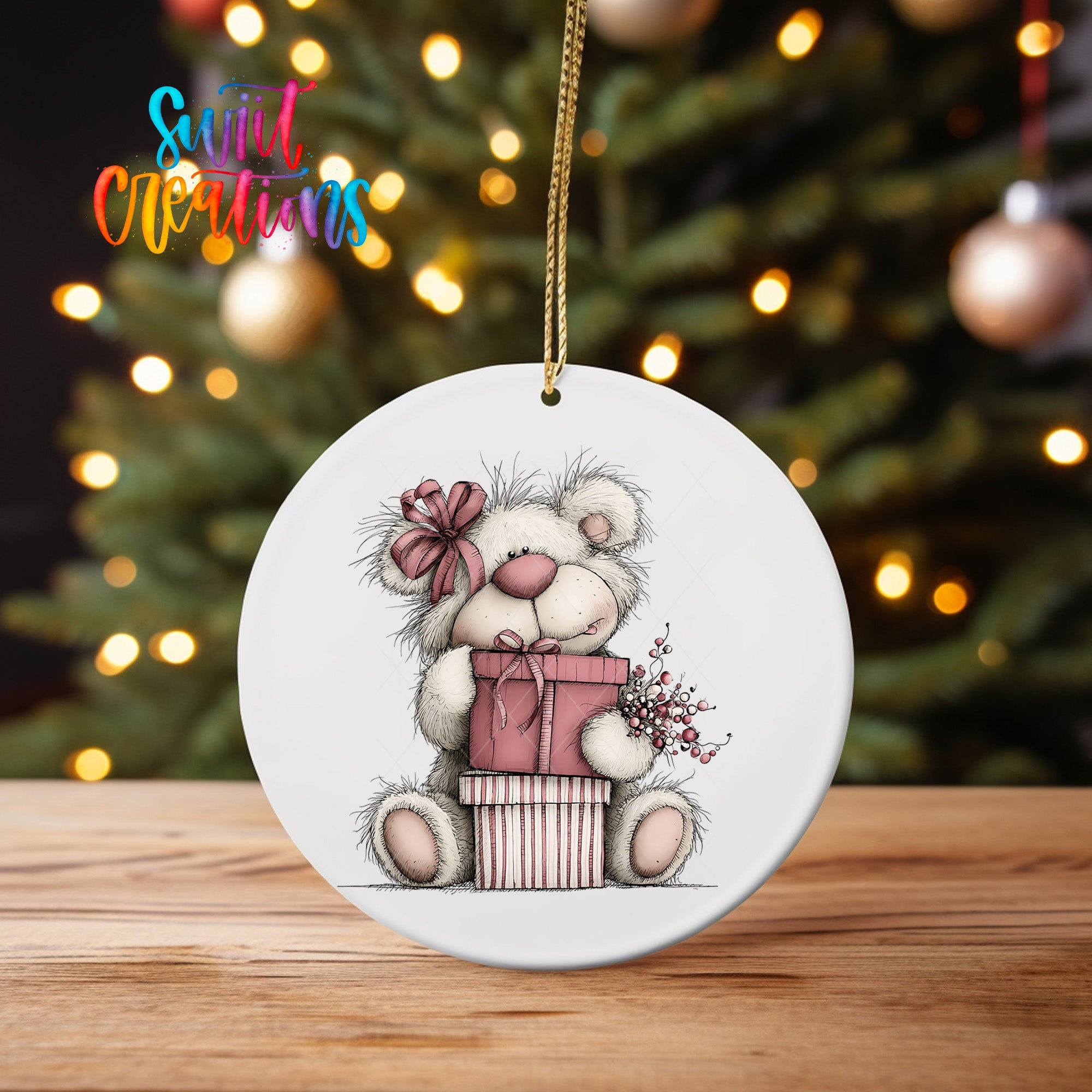 Cute Pink Bear With Gift Christmas UV DTF Ornament Transfer | O-1954 - Swiit Creations