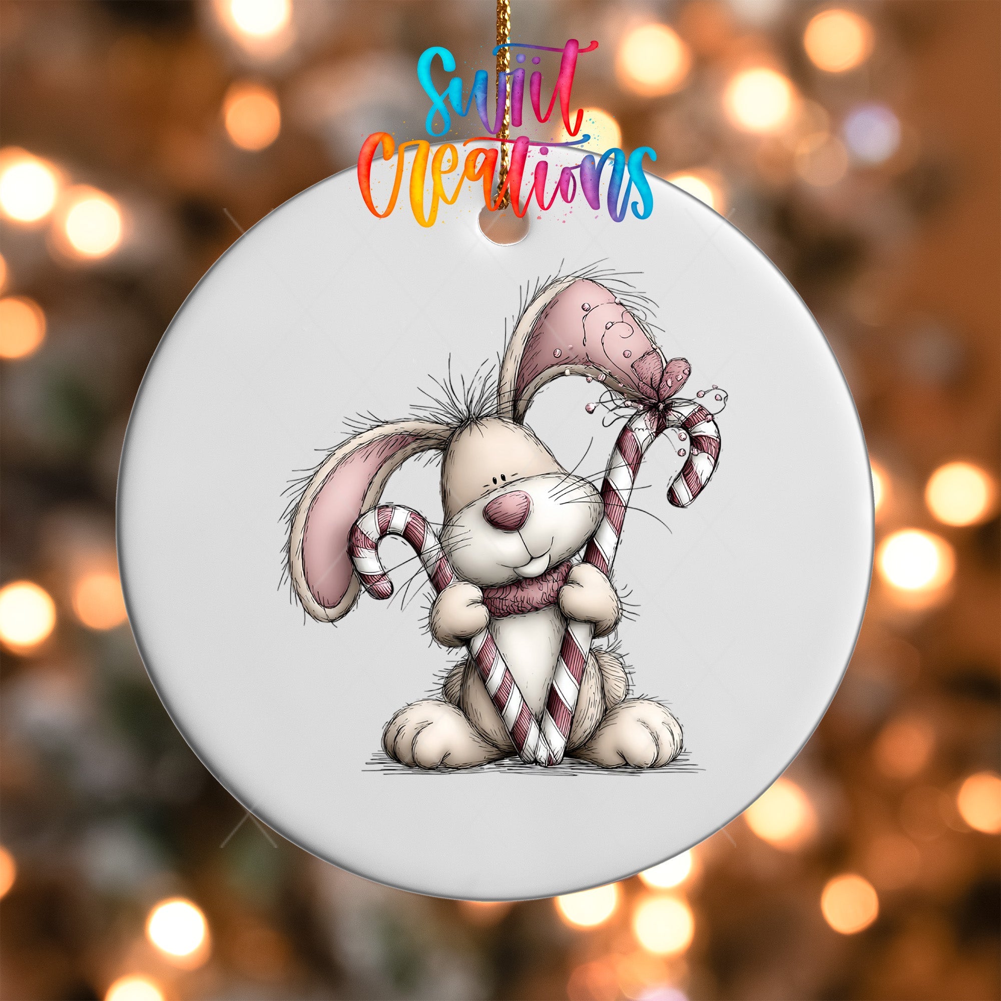 Cute Pink Bunny With Candy Cane UV DTF Ornament Transfer | O-1947 - Swiit Creations