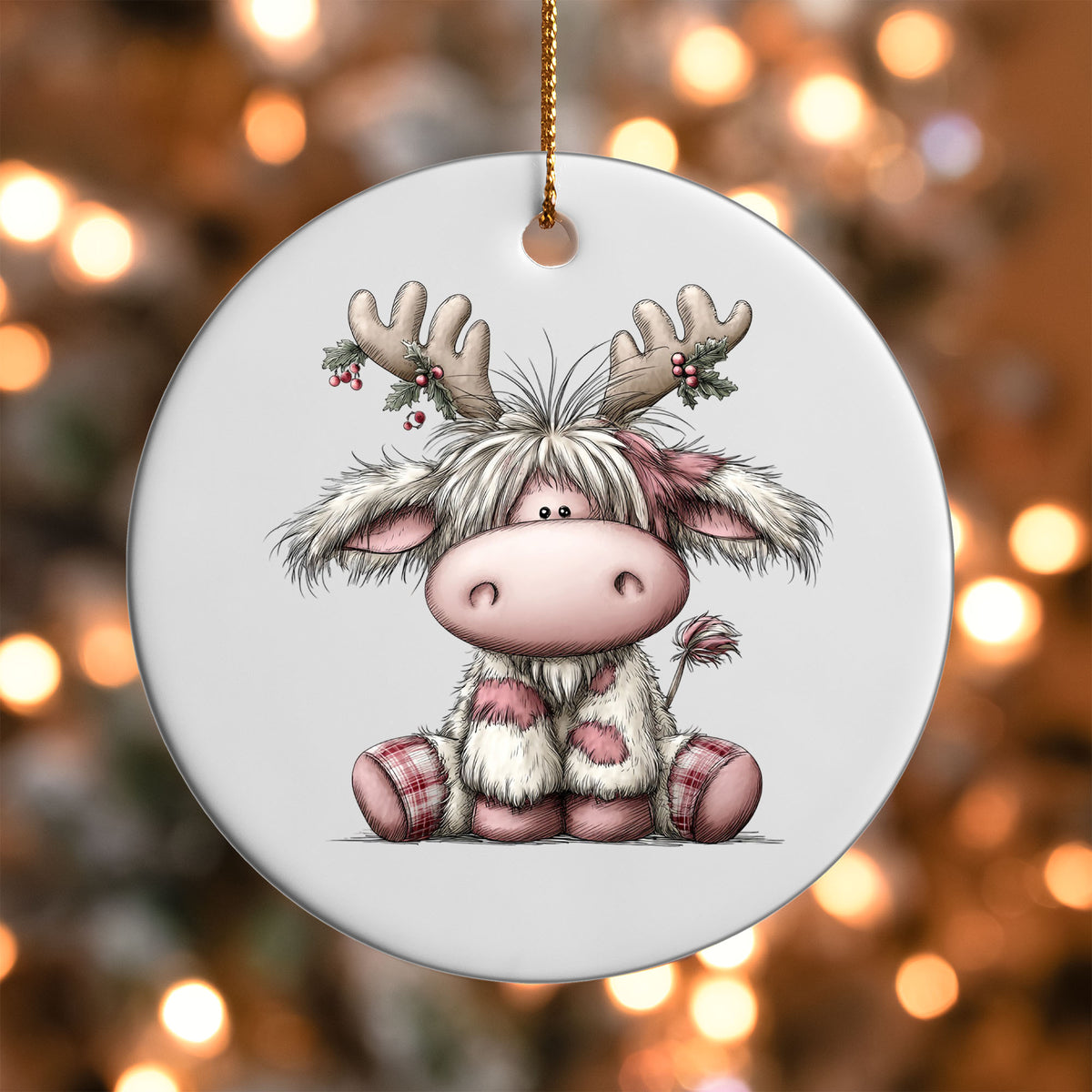 Cute Pink Christmas Highland Cow ornament UV DTF transfer on a round white ornament with a bokeh light background