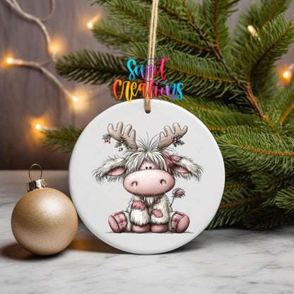 Cute Pink Christmas Highland Cow ornament UV DTF transfer on a hanging ornament with pine branches and a gold bauble