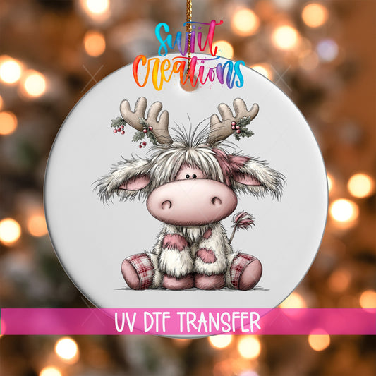 Cute Pink Christmas Highland Cow Ornament UV DTF Transfer | Reindeer Antlers with Holly Berries and Plaid Accents | O-2157 - Swiit Creations