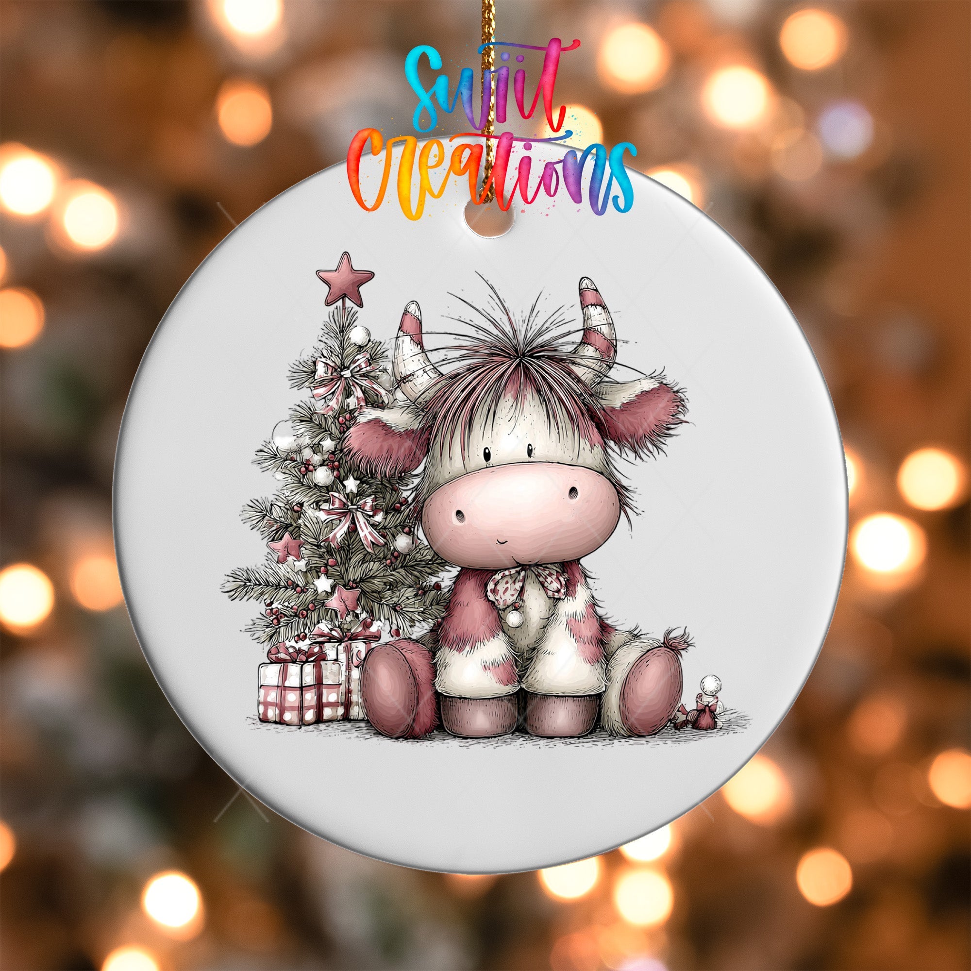 Cute Pink Christmas Highland Cow UV DTF Ornament Transfer | O-1972 - Swiit Creations