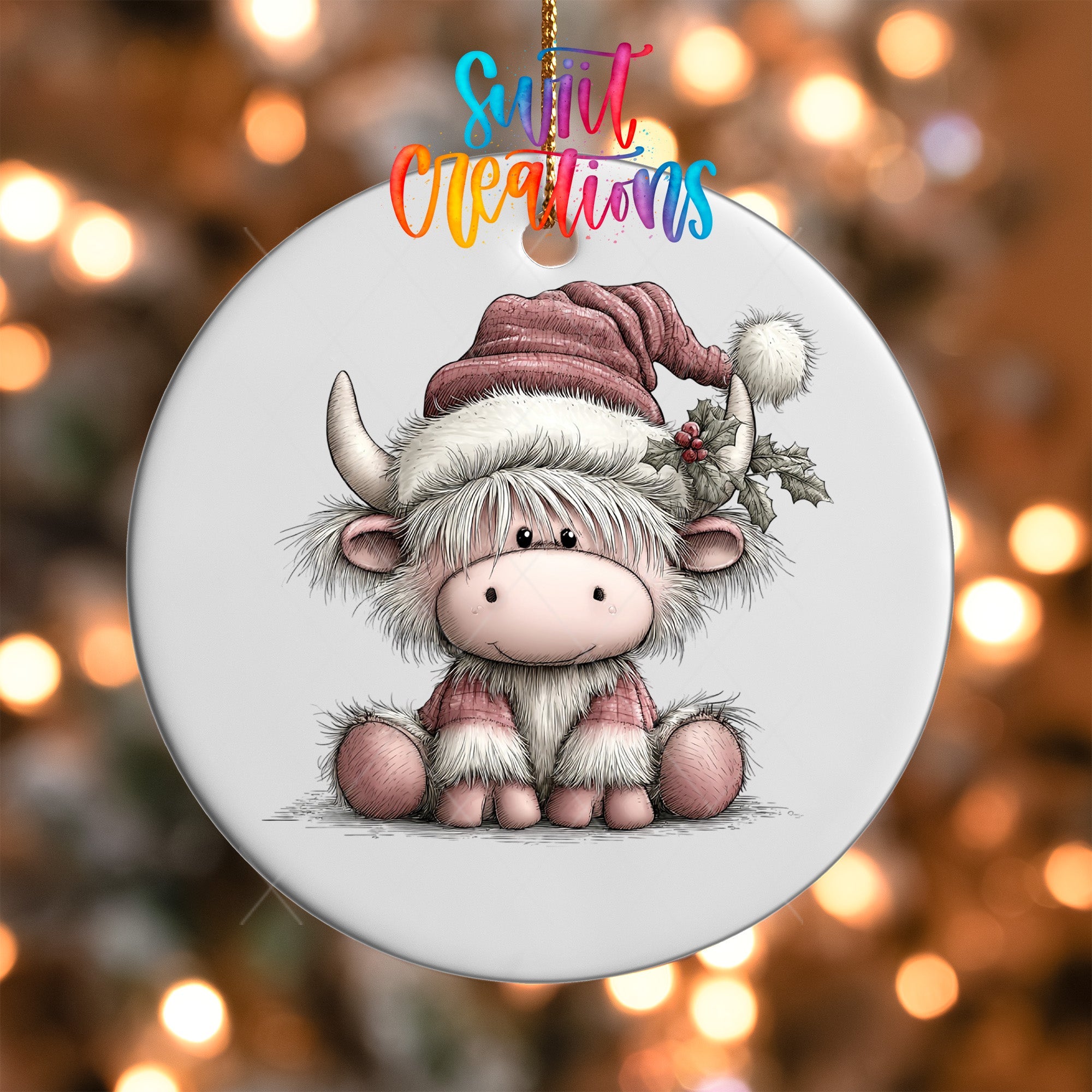 Cute Pink Christmas Highland Cow UV DTF Ornament Transfer | O-1976 - Swiit Creations
