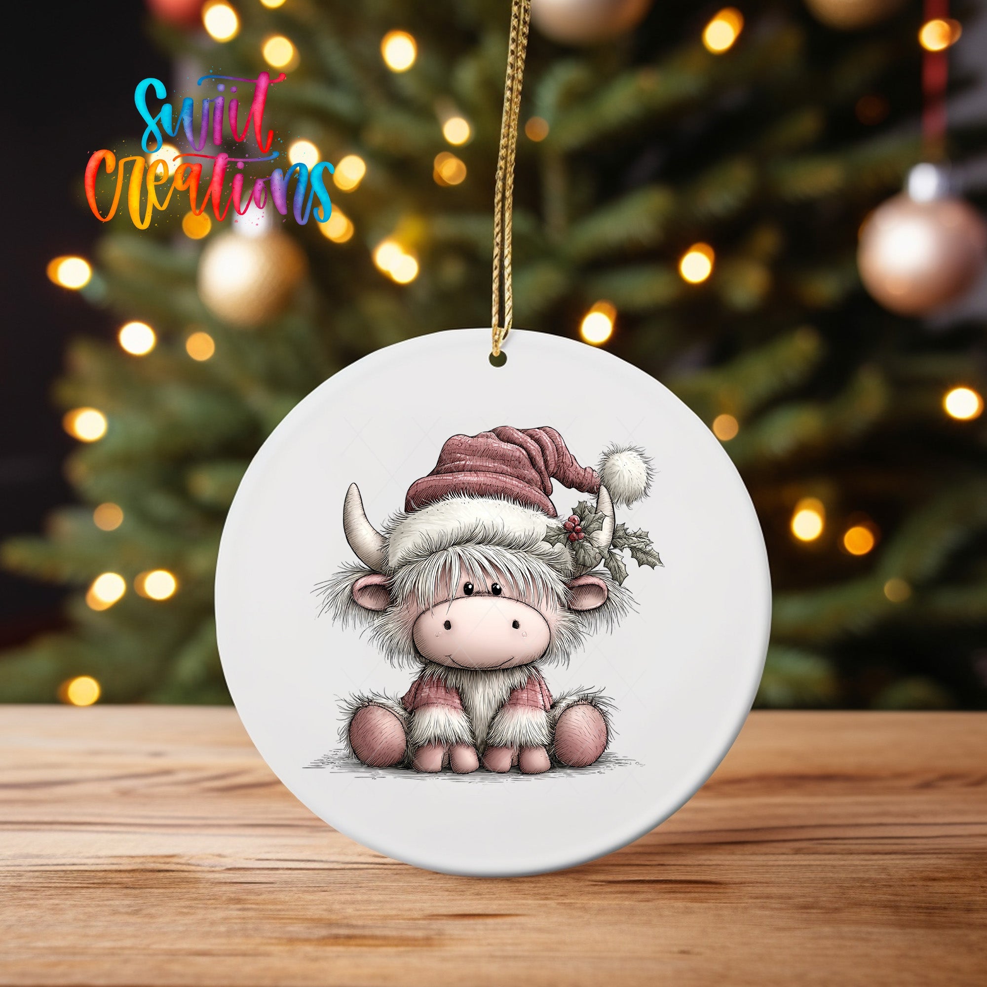Cute Pink Christmas Highland Cow UV DTF Ornament Transfer | O-1976 - Swiit Creations