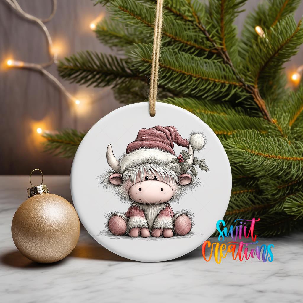 Cute Pink Christmas Highland Cow UV DTF Ornament Transfer | O-1976 - Swiit Creations
