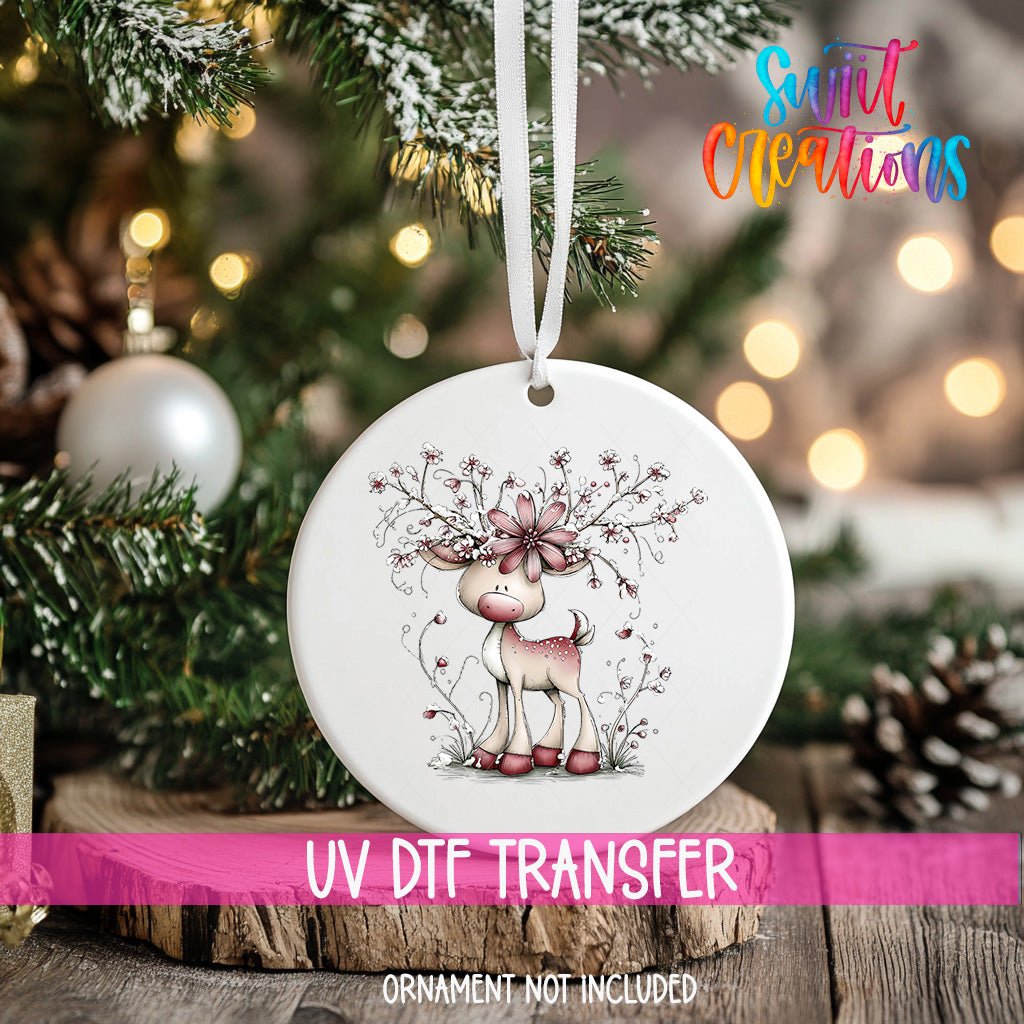 Cute Pink Deer With Floral Antlers UV DTF Ornament Transfer | O-1944 - Swiit Creations