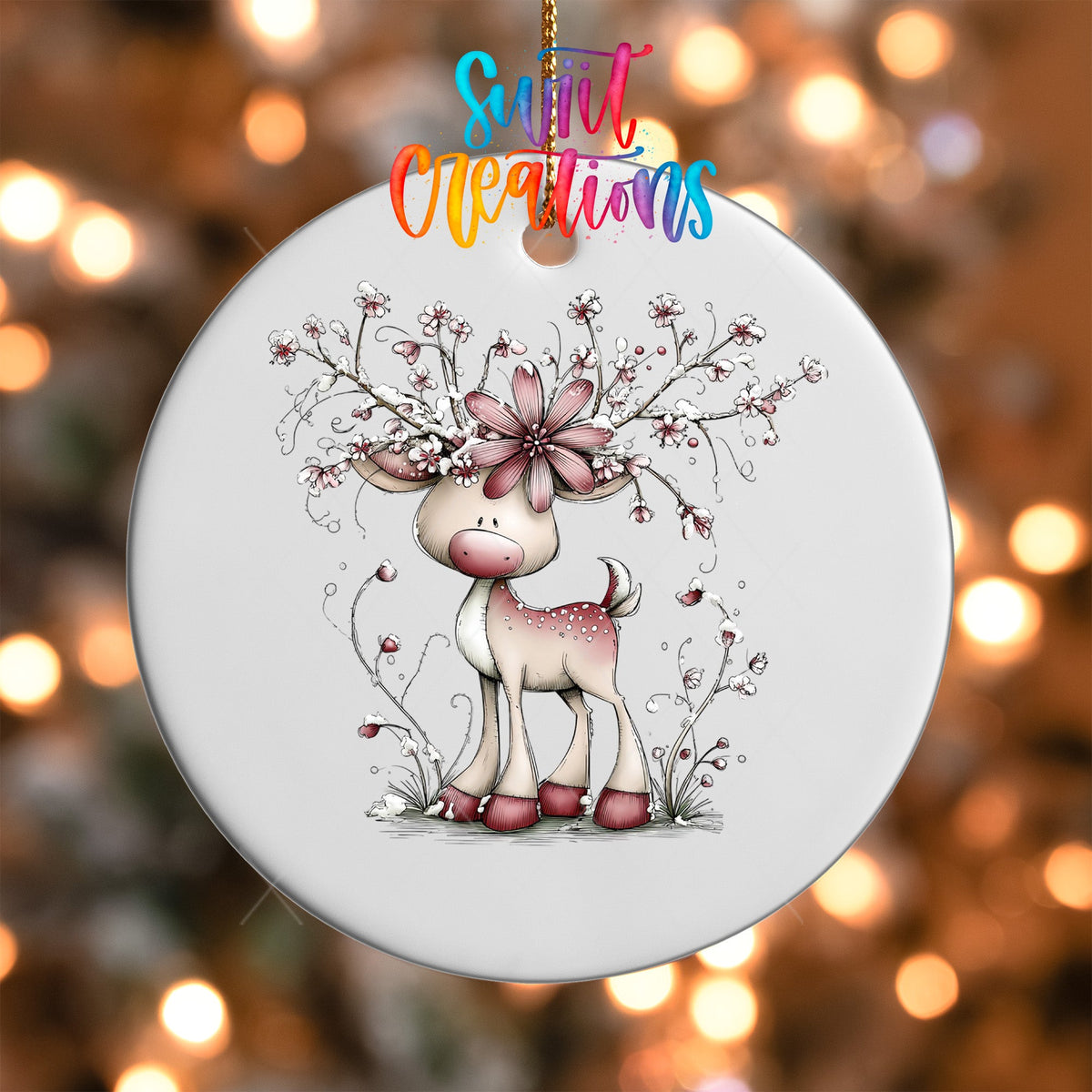 Close-up of the Pink Deer with Floral Antlers UV DTF transfer on a round white ornament