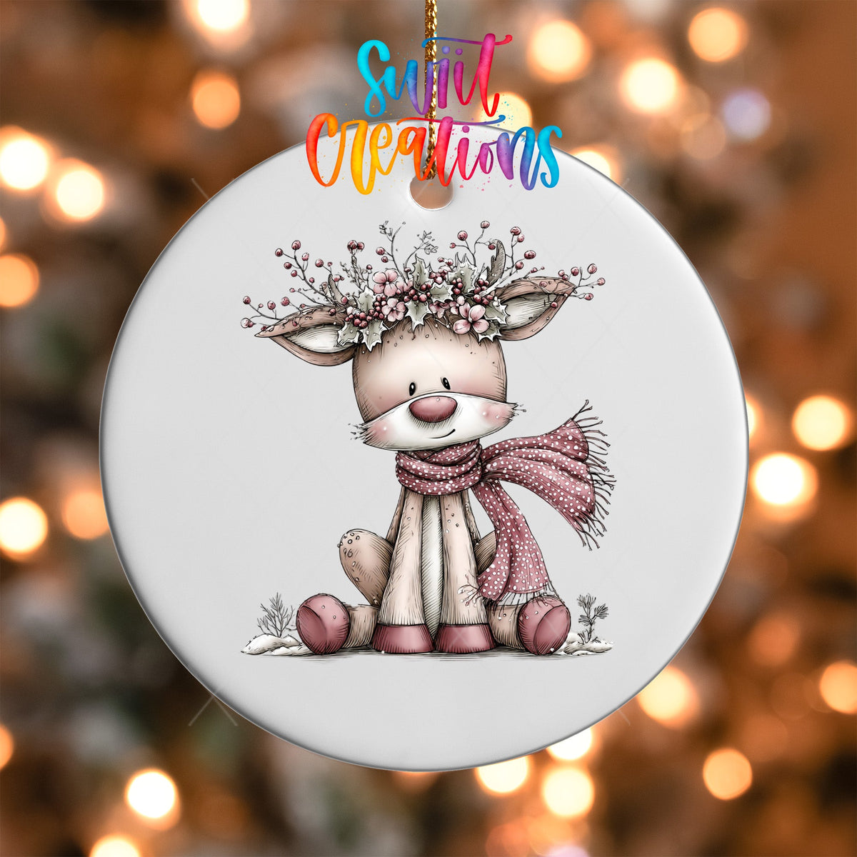 Close-up of the Pink Deer with Floral Crown UV DTF transfer on a round white ornament