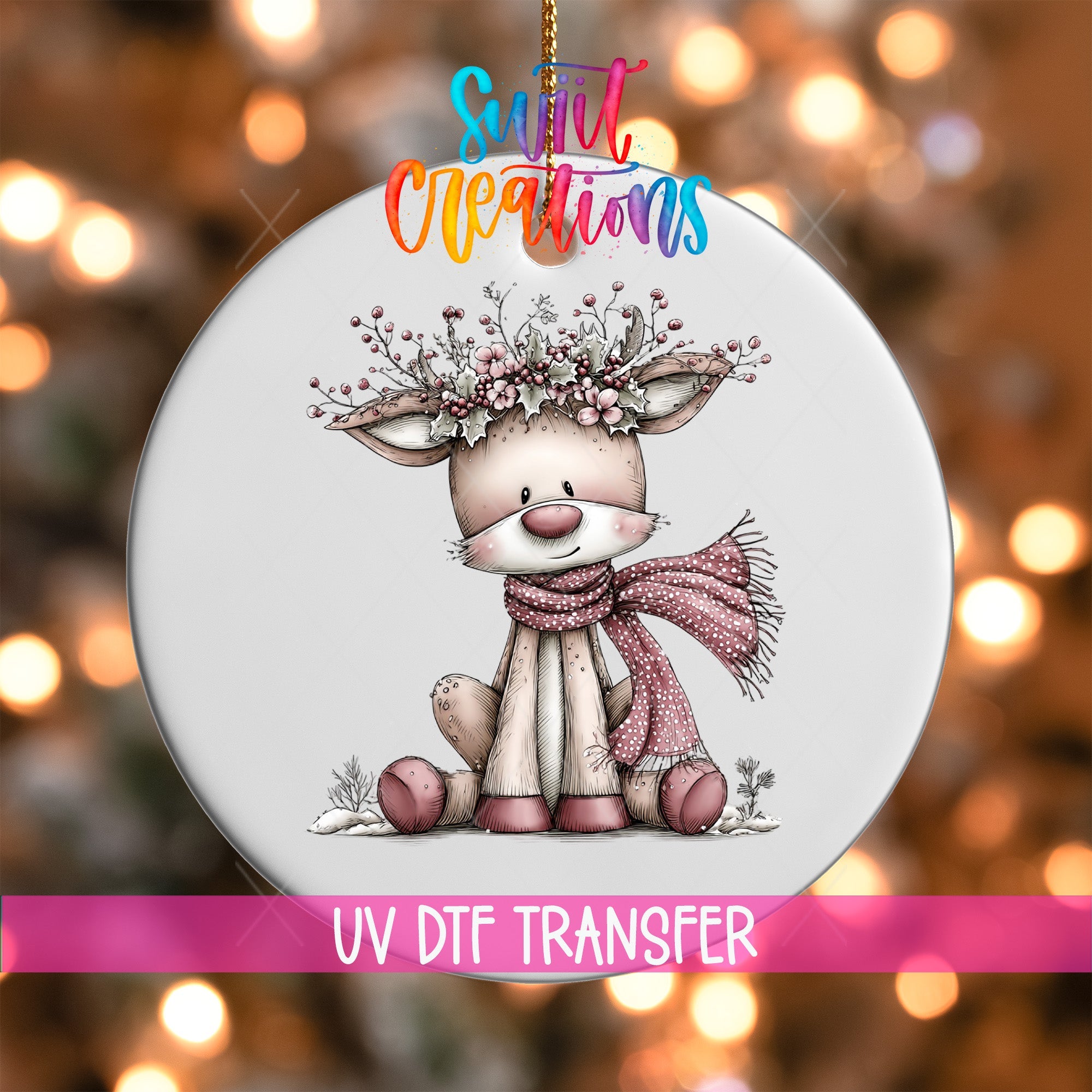 Cute Pink Deer With Floral Crown UV DTF Ornament Transfer | O-1943 - Swiit Creations