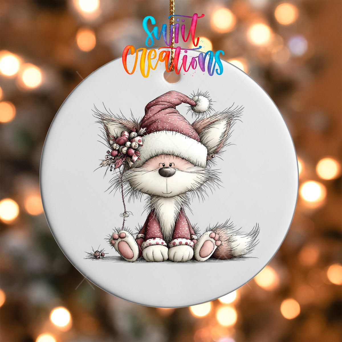 Close-up of the Pink Fox in Santa Hat UV DTF transfer on a round white ornament