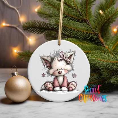 Pink Fox with Bow ornament UV DTF transfer on a hanging ornament with pine branches and a gold bauble