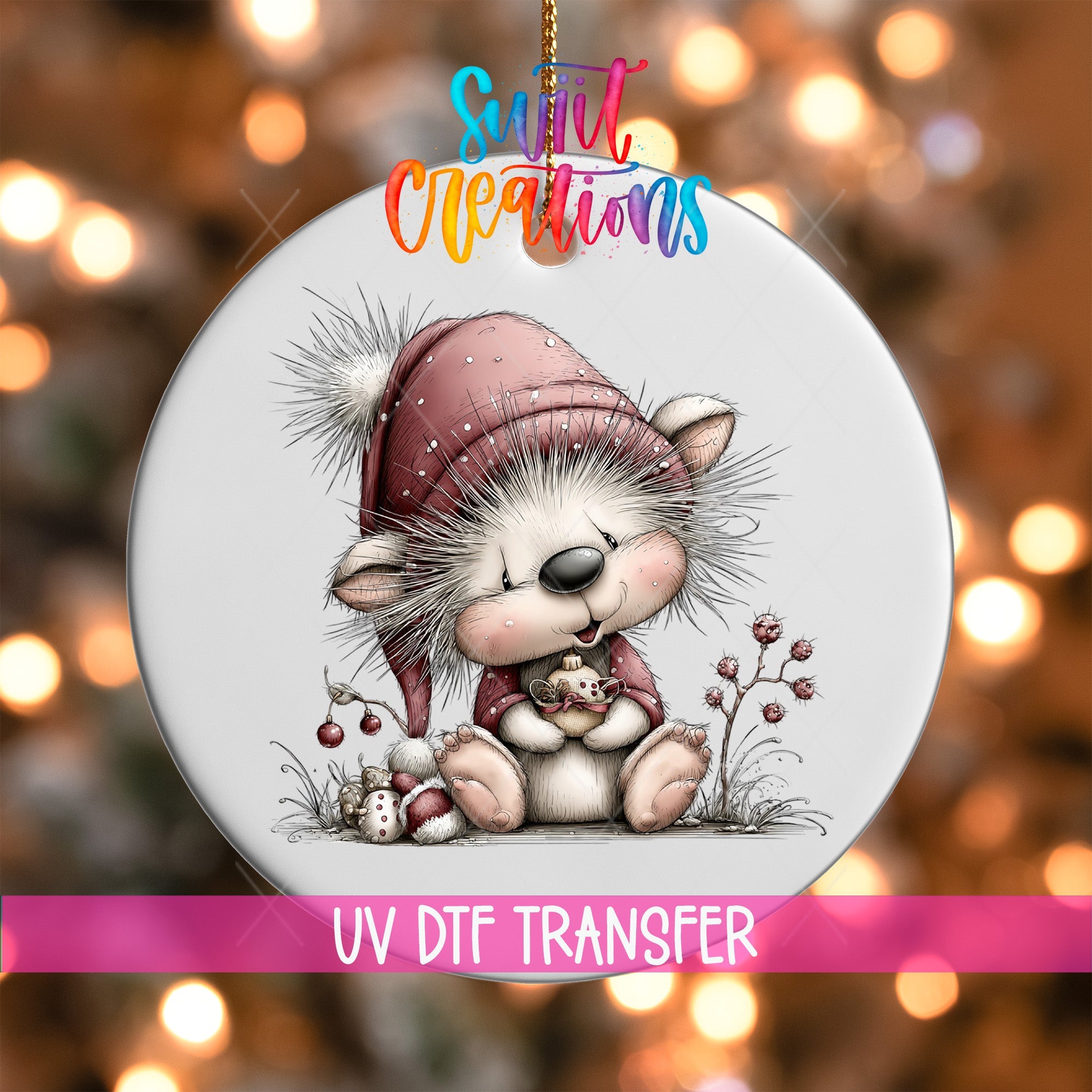 Cute Pink Hedgehog With Tiny Mouse UV DTF Ornament Transfer | O-1938 - Swiit Creations
