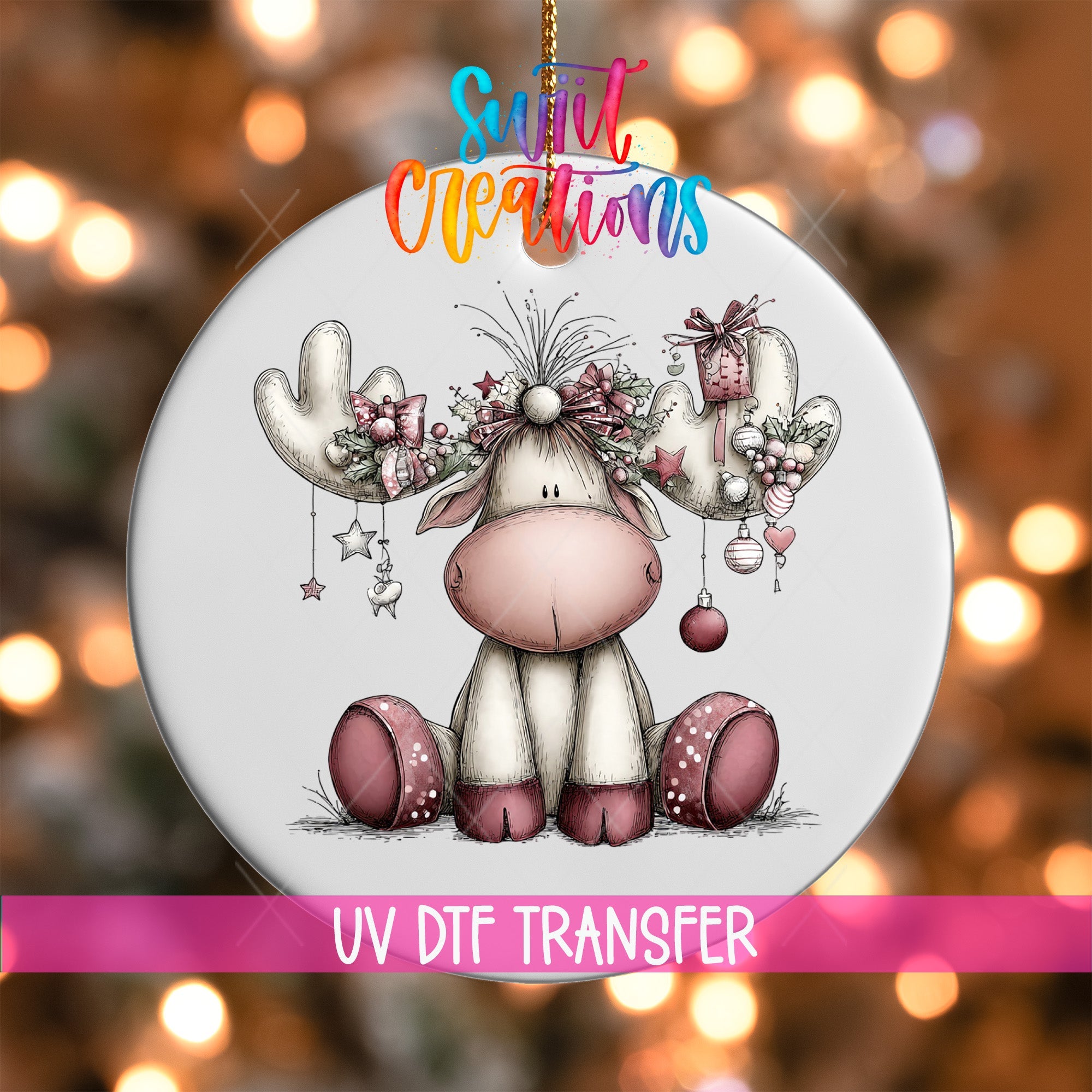 Cute Pink Moose Ornament UV DTF Transfer | O-1935 - Swiit Creations